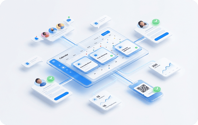 Isometric illustration of event management dashboard