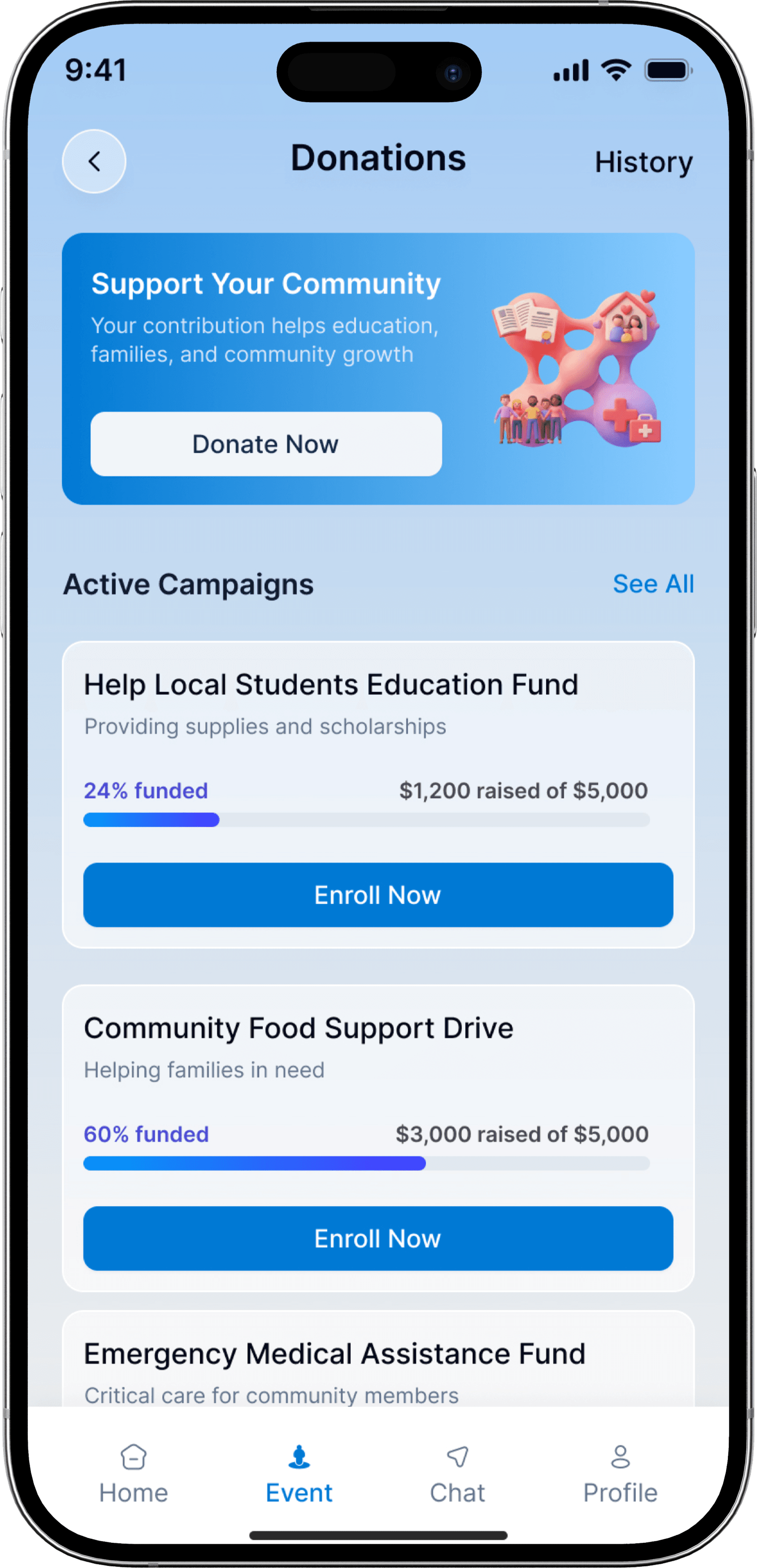 NexSpace mobile app donations screen