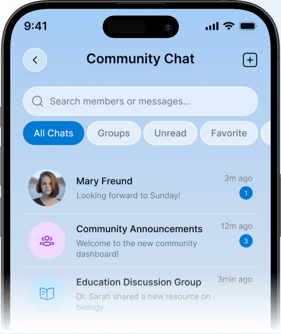 NexSpace community chat screen on an iPhone