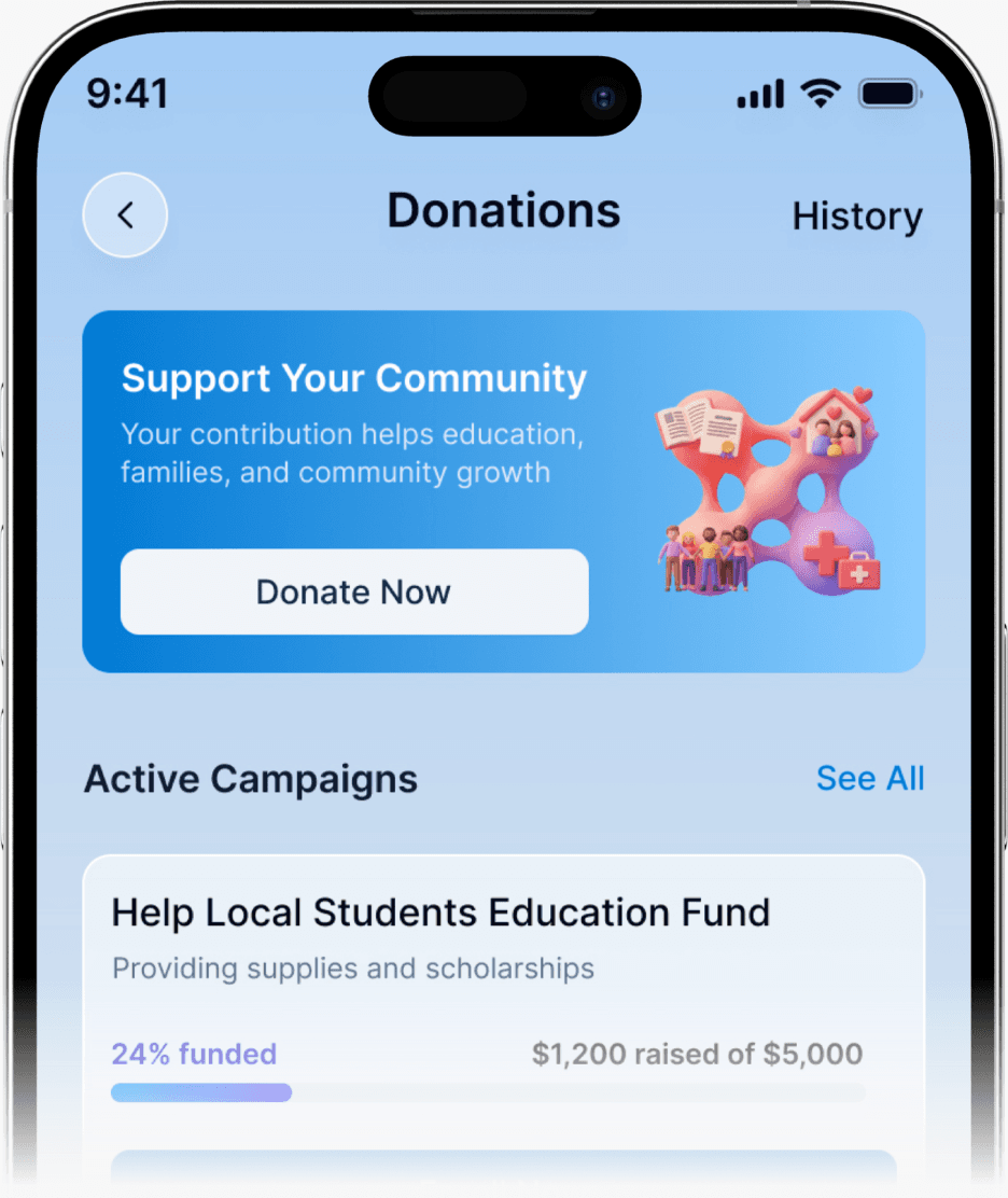 NexSpace donations and fundraising screen on an iPhone