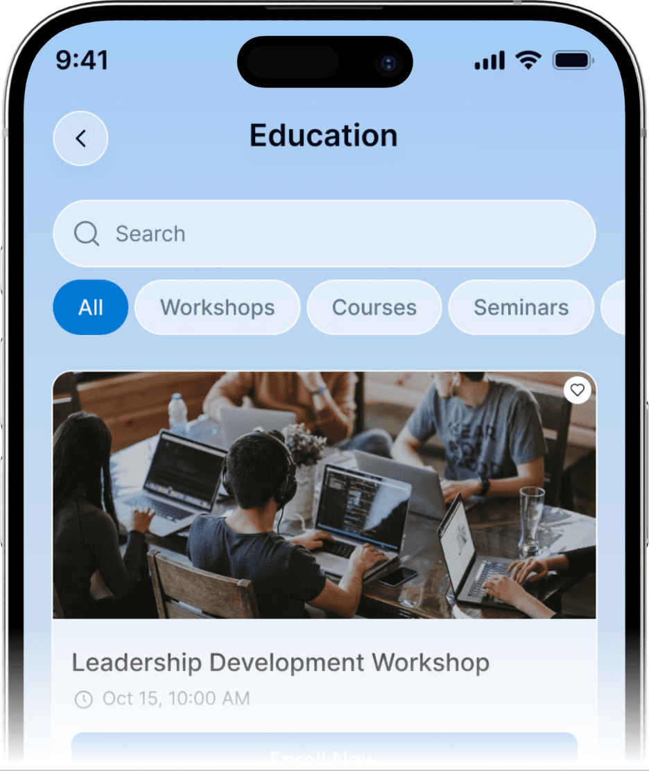 NexSpace education and learning screen on an iPhone