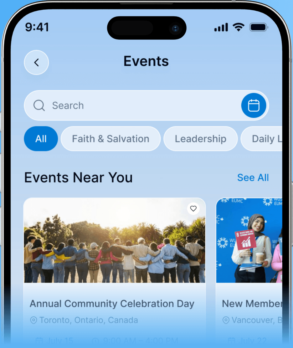 NexSpace events and registrations screen on an iPhone