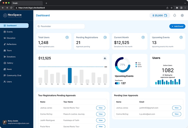 NexSpace organizer web dashboard with analytics, events, and member management